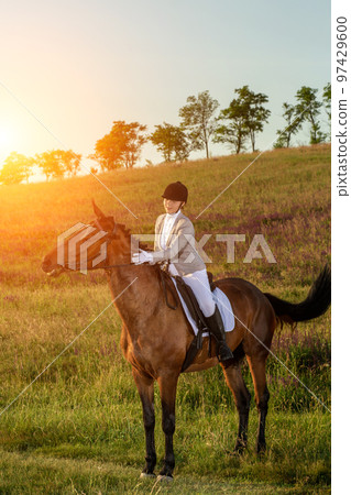 Young woman rider with her horse in evening sunset light. Outdoor photography in lifestyle mood Young woman rider with her horse in evening sunset light. Outdoor photography in lifestyle mood 97429600