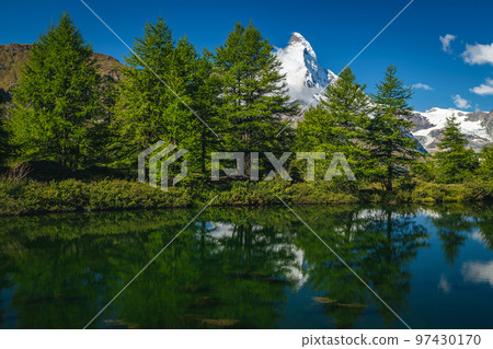Grindjisee lake and famous Matterhorn peak in background, Zermatt, Switzerland 97430170