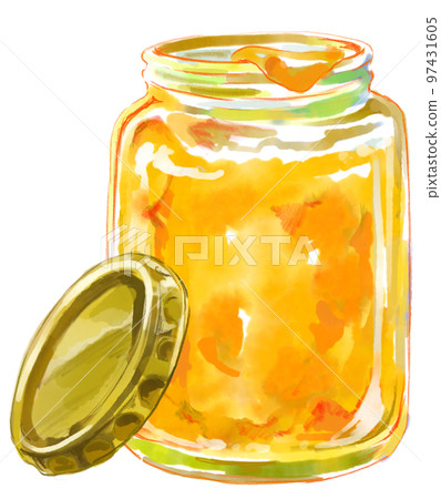 Watercolor illustration of an open jar with yellow jam 97431605