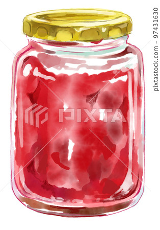 Watercolor illustration of a jar with a lid filled with red jam 97431630