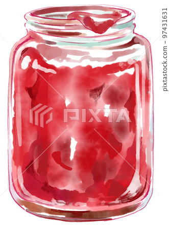 Watercolor illustration of a jar with red jam 97431631