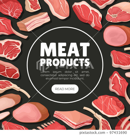 Meat Products Banner Design with Beef Steak, Ham and Lard Vector Template 97431690