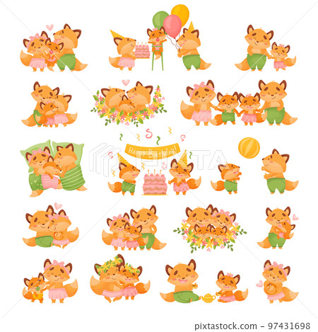 Fox Family with Parents and Little Baby Spending Time Together Big Vector Set 97431698