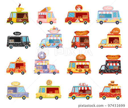 Food Truck Selling Street Meal and Snack Big Vector Set 97431699