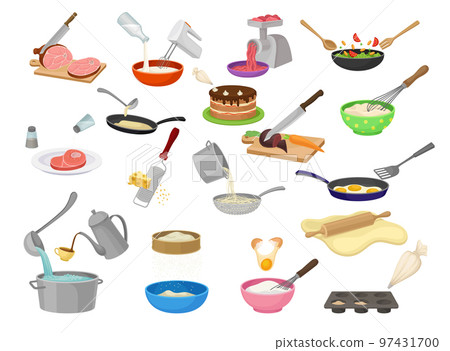 Food Cooking Process with Kitchen Utensils and Ingredient Big Vector Set 97431700