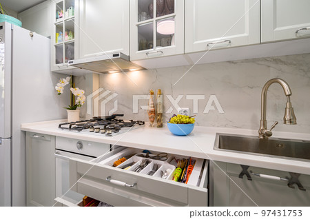 White and grey new modern well designed kitchen interior 97431753