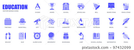 Education concept of web icons set in simple flat design. Pack of divider, award, school, bus, bell, schoolbag, pencil, gift, physics, chemistry, lamp and other. Vector blue pictograms for mobile app 97432099