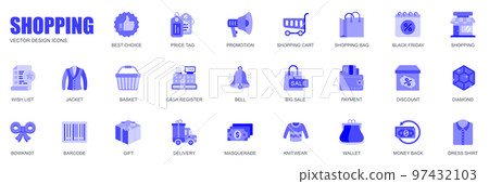 Shopping concept of web icons set in simple flat design. Pack of best choice, price tag, promotion, cart, bag, black friday, wish list, discount, sale and other. Vector blue pictograms for mobile app 97432103