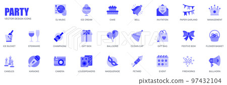 Party concept of web icons set in simple flat design. Pack of dj music, ice cream, cake, invitation, paper garland, karaoke, stemware, champagne, gift and other. Vector blue pictograms for mobile app 97432104