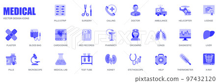 Medical concept of web icons set in simple flat design. Pack of pills, surgery, doctor, ambulance, helicopter, license, blood bag, cardiogram, pharmacy and other. Vector blue pictograms for mobile app 97432120