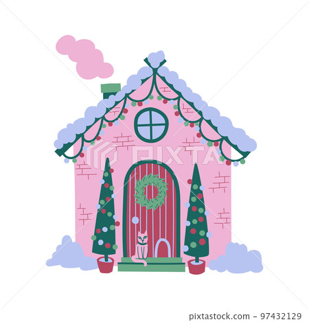 Christmas house in snow. Small winter lodge, decorated for the holidays. With trees, wreath and cat sitting on porch. Isolated on white background. Christmas house in snow. Small winter lodge, decorated for the holidays. With trees, wreath and cat sitting on porch. Isolated on white background. 97432129