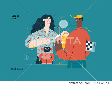 Lifestyle series -Garage sale -modern flat vector illustration of a woman selling house stuff at the table filled with house utilities and toys, and man buying a chess board. People activities concept 97432141