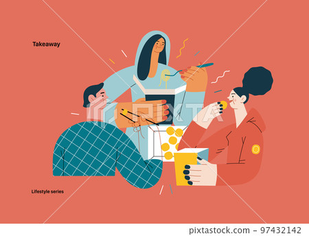 Lifestyle series - Takeaway - modern flat vector illustration of a group of friends eating takeaway food from boxes sitting at home. People activities concept 97432142