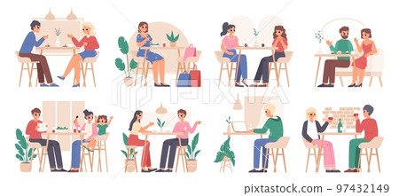 Teens in cafe eating and talking. Outside restaurant, human with friend eat, drink. Meeting on food court, person in cafeteria snugly vector set Teens in cafe eating and talking. Outside restaurant, human with friend eat, drink. Meeting on food court, person in cafeteria snugly vector set 97432149