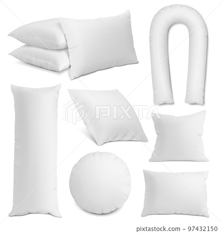 3d realistic pillow white mockup. Cervical pillows relaxation, orthopedics neck 3d cushion. Night sleep bed pithy accessories vector collection 97432150