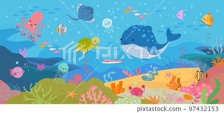 Underwater world, ocean animals and nature. Beautiful cartoon aquarium background. Sea octopus and whale, marine life nowaday vector scene Underwater world, ocean animals and nature. Beautiful cartoon aquarium background. Sea octopus and whale, marine life nowaday vector scene 97432153