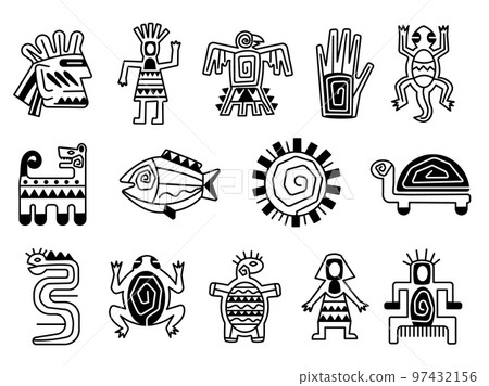 Mayan totem symbols, tattoo ethnic signs. Ornate aztec mythology, mexican indian or inca mythological tradition decent vector tribal elements 97432156