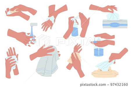 Hands hygiene, person washing hand in bathroom with soap and clean wet wipes. Cartoon self cleaning with tissue. Disinfect and care decent vector set Hands hygiene, person washing hand in bathroom with soap and clean wet wipes. Cartoon self cleaning with tissue. Disinfect and care decent vector set 97432160