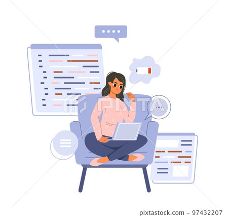 Geek character coding on laptop in chair. Student tired, freelance work on computer. Teen girl learn web development, IT or programming, cartoon vector scene 97432207