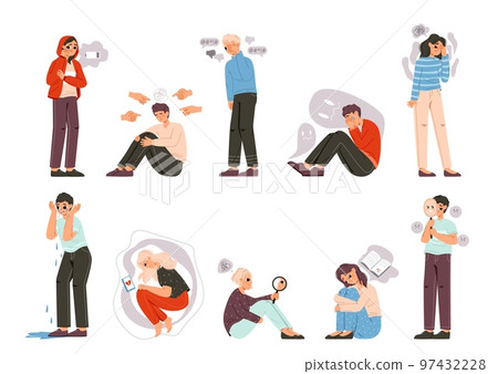 Young adult problems, abused teens. Busy teenager, alone sad people have mental disorders. Unhappy teenagers, teen stress snugly vector emotional set Young adult problems, abused teens. Busy teenager, alone sad people have mental disorders. Unhappy teenagers, teen stress snugly vector emotional set 97432228