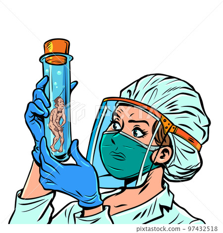 Female Medic and Test Tube. Naked man, genetic research 97432518