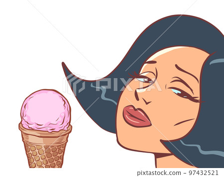 Woman with an ice cream cone. Sweet delicacy, sad mood 97432521