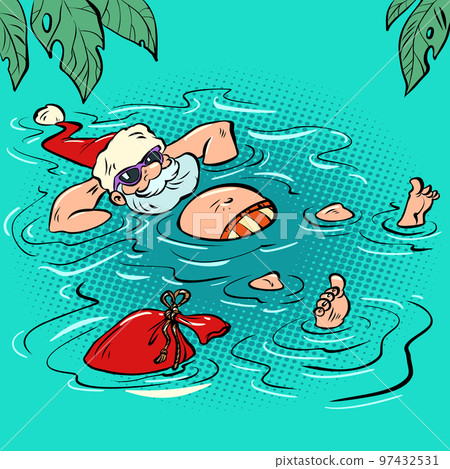Santa Claus relaxing at a seaside resort. Man swimming in the pool. New Year and Christmas Santa Claus relaxing at a seaside resort. Man swimming in the pool. New Year and Christmas 97432531