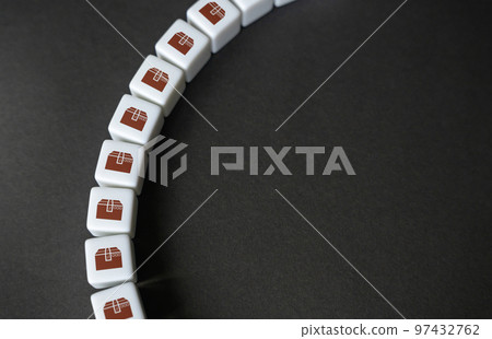 Chain of boxes of goods. Conveyor belt concept. Mass production. Delivery of parcels and orders. Trading traffic. Transportation and transfer. Big sale. Logistics and delivery. Place for text 97432762