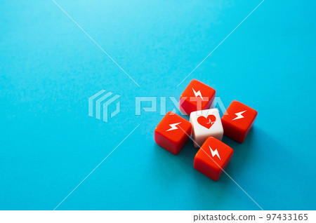 Heart attack. Stress and upheaval. Threat to circulatory system. Depression and frustration. High workload. Life insurance. Cardiology, heart health treatment. Safety and security. Protection and care 97433165