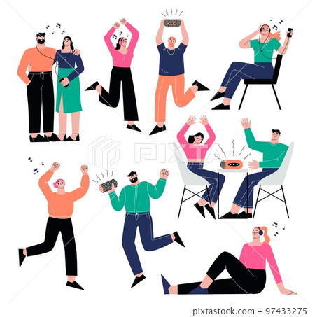 People listen sound, radio webinar and podcast in headphones. Listening audio music in smartphone and dancing. Flat sapid vector positive characters 97433275