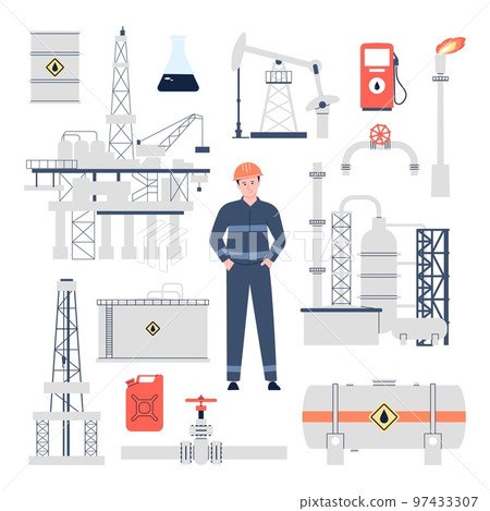 Oilman engineer, pipeline and oil and gas industry equipment. Refinery industrial inspection and worker. Petrol factory and construction recent vector set 97433307