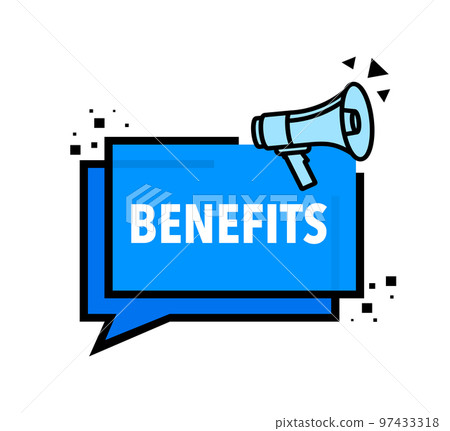 Benefits Announcement Megaphone Label. Loudspeaker speech bubble. Benefits Announcement Megaphone Label. Loudspeaker speech bubble. 97433318