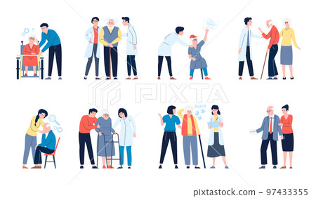 Alzheimer disease, old people forget memories. Elderly patient help, treatment dementia. Nurse and volunteers caring seniors recent vector characters Alzheimer disease, old people forget memories. Elderly patient help, treatment dementia. Nurse and volunteers caring seniors recent vector characters 97433355