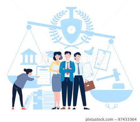 Law and justice scene. Lawyer learning, legal corporate support and personal help. Advisor character, advocat company recent vector concept Law and justice scene. Lawyer learning, legal corporate support and personal help. Advisor character, advocat company recent vector concept 97433364