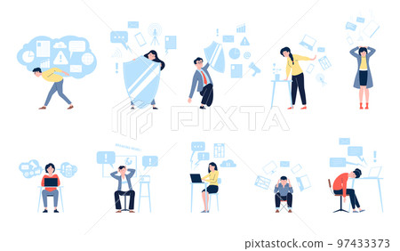 People nervous social media information overload. Lot of info and entertainment. Overwhelming communication, recent working stress vector scenes People nervous social media information overload. Lot of info and entertainment. Overwhelming communication, recent working stress vector scenes 97433373
