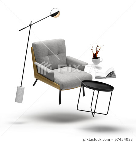 Zero gravity white interior living room 3 D Illustration 97434052