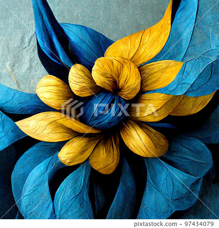 Blue and yellow abstract flower Illustration. 97434079