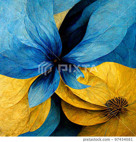 Blue and yellow abstract flower Illustration. 97434081