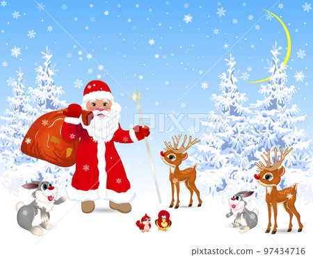 Santa with a bag of gifts in the winter forest Santa with a bag of gifts in the winter forest 97434716