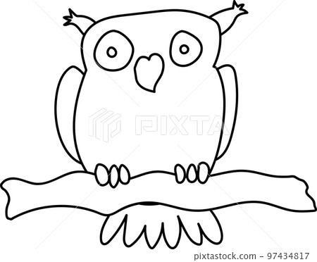 illustration outline of a bird owl thrush woodpecker on a tree branch on a white background illustration outline of a bird owl thrush woodpecker on a tree branch on a white background 97434817