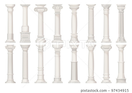 Cartoon antique pillars. Old roman or greek pillar on pedestal, ancient carving stone column ancient temple sculptures or house baroque architecture, ingenious vector illustration Cartoon antique pillars. Old roman or greek pillar on pedestal, ancient carving stone column ancient temple sculptures or house baroque architecture, ingenious vector illustration 97434915