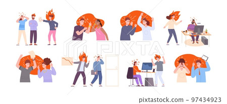 Angry colleague on job. Annoyances stress mad work office conflicts, shouting employees yelling boss, aggressive employer overworked bad relationship, splendid vector illustration 97434923