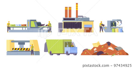 Garbage recycle factory. Manufacturing process recycling and sort plastic waste on urban rubbish landfill, plant workers of industrial disposal wastes, splendid vector illustration 97434925