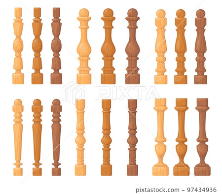 Wooden balusters. Cartoon wood balustrade with handrail, wood pillars railing fence column rail banister for balcony terrace porch stair house decoration neat vector illustration 97434936