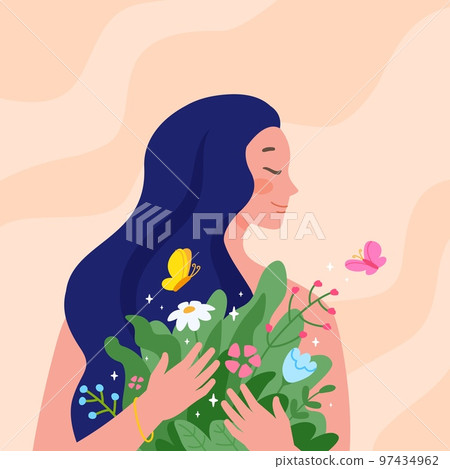 Care internal world. Psychological healing inside himself, self care help and mental recovery concept, female tranquillity inner wellbeing caring oneself love vector illustration 97434962