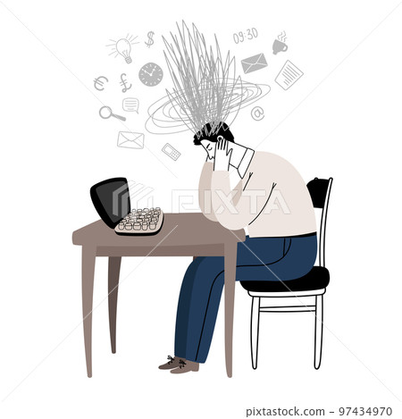 Tired man at the workplace with a bunch of confusing thoughts and tasks in his head. Office worker sits at the table and holds himself with his hands behind his head Tired man at the workplace with a bunch of confusing thoughts and tasks in his head. Office worker sits at the table and holds himself with his hands behind his head 97434970