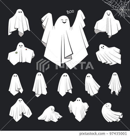 Different cute cloth Ghosts with scary, spooky, happy and funny faces. Collection of magic white flying phantoms. Set of creepy boo characters for kids 97435001