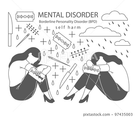 Depressed adult woman with Borderline personality disorder sits in the crying rain, blades, knives, needles. Concept of mental health problems 97435003