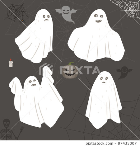 Collection of cute cloth Ghosts with cartoon scary, spooky and funny faces. Set of magic flying Phantoms. Creepy boo characters for kids. Halloween symbol vector illustration Collection of cute cloth Ghosts with cartoon scary, spooky and funny faces. Set of magic flying Phantoms. Creepy boo characters for kids. Halloween symbol vector illustration 97435007