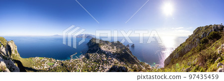 Touristic Town on Capri Island in Bay of Naples, Italy. Aerial View from Mountain Touristic Town on Capri Island in Bay of Naples, Italy. Aerial View from Mountain 97435459